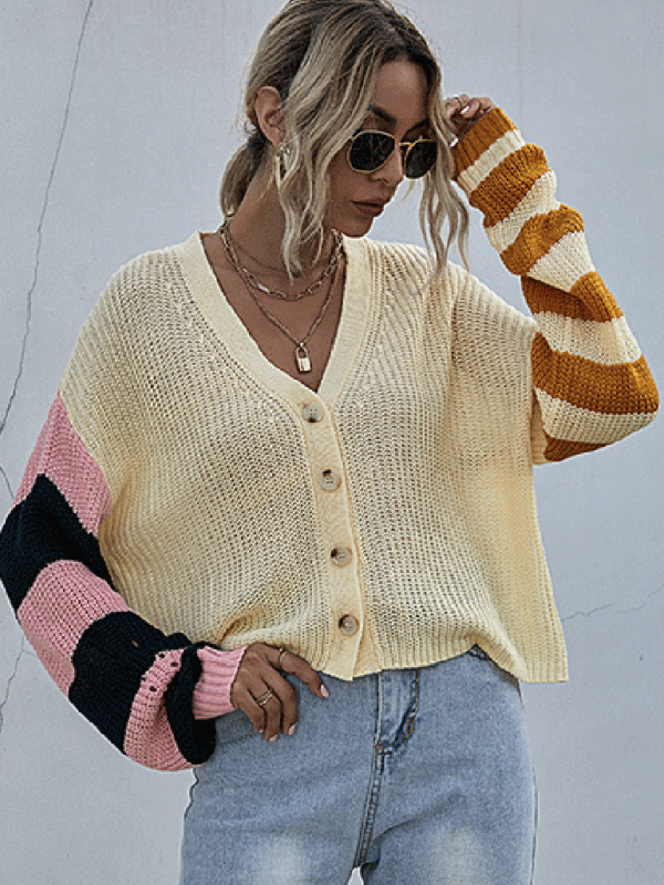 Cardigans- Waffle Knitted Stripe Button Crop Sweater Cardigan- Cracker khaki- Pekosa Women Clothing