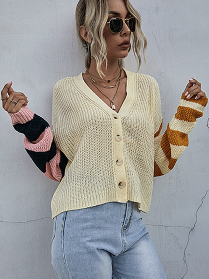 Cardigans- Waffle Knitted Stripe Button Crop Sweater Cardigan- - Pekosa Women Clothing