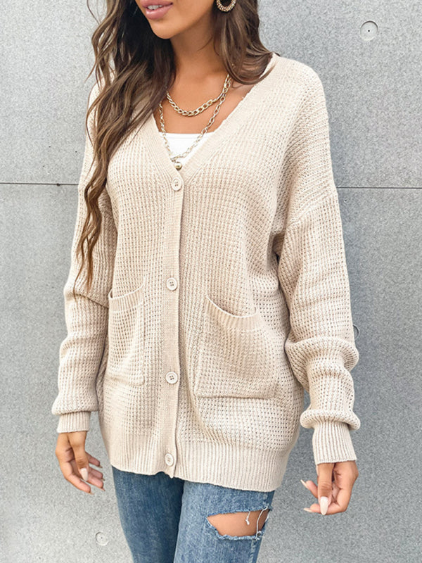 Cardigans- Waffle Knitting Button-Up Mid-Length Sweater - Essential Relax Fit Cardigan- - Pekosa Women Clothing