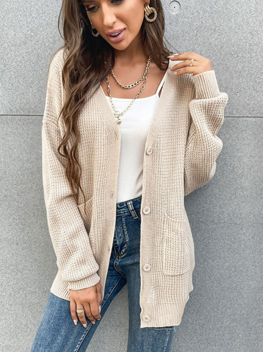 Cardigans- Waffle Knitting Button-Up Mid-Length Sweater - Essential Relax Fit Cardigan- Khaki- Pekosa Women Clothing
