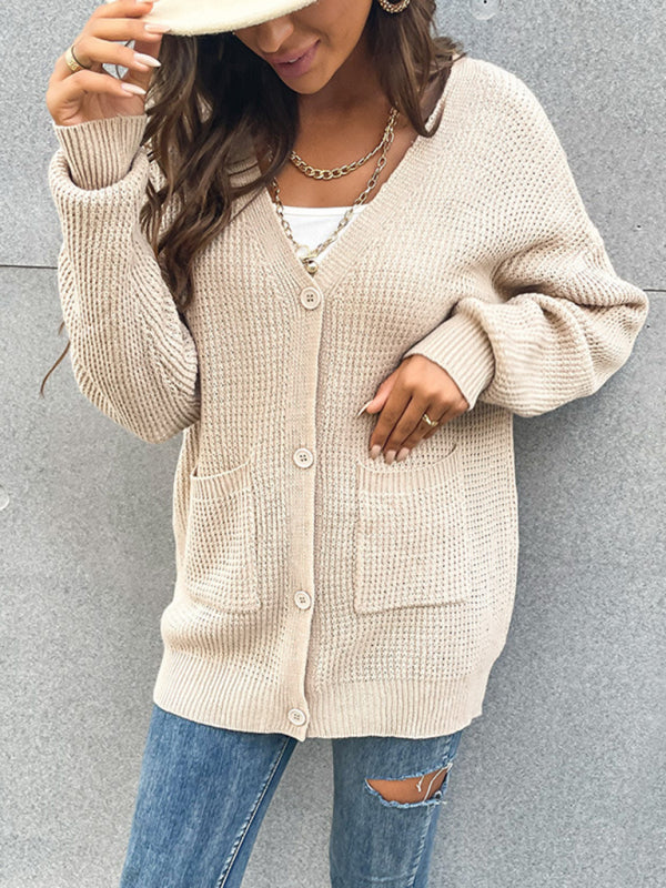 Cardigans- Waffle Knitting Button-Up Mid-Length Sweater - Essential Relax Fit Cardigan- - Pekosa Women Clothing