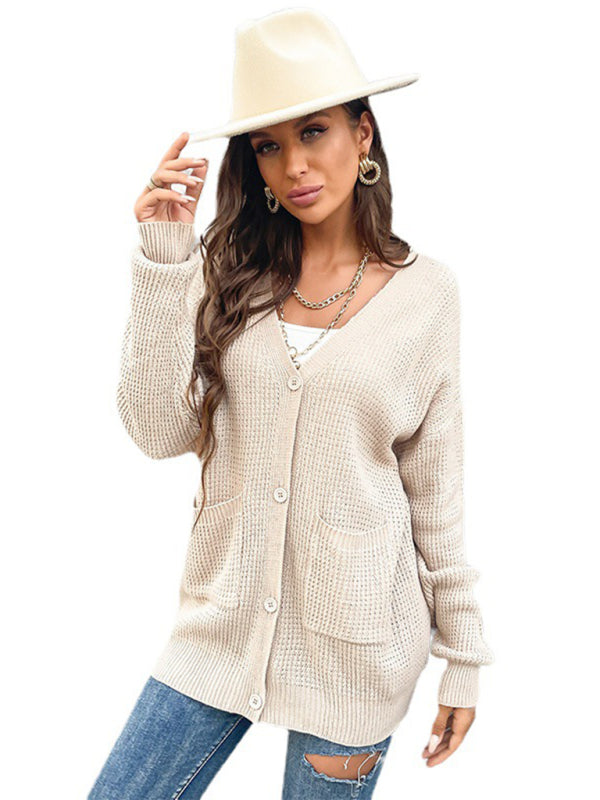 Cardigans- Waffle Knitting Button-Up Mid-Length Sweater - Essential Relax Fit Cardigan- - Pekosa Women Clothing