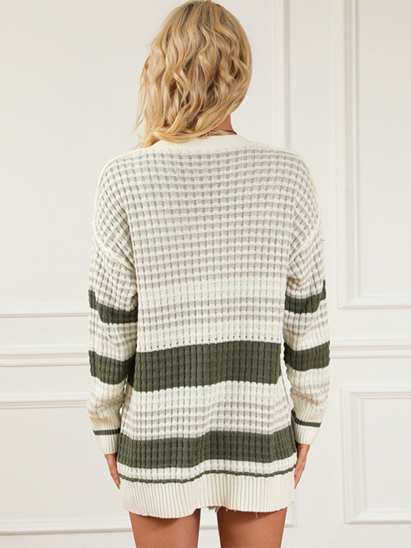 Cardigans- Waffle Stripe Mid-Length Cardi | Cardigan Sweater- - Pekosa Women Clothing