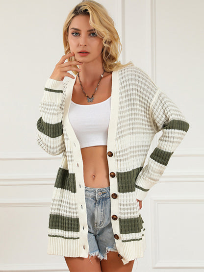 Cardigans- Waffle Stripe Mid-Length Cardi | Cardigan Sweater- - Pekosa Women Clothing