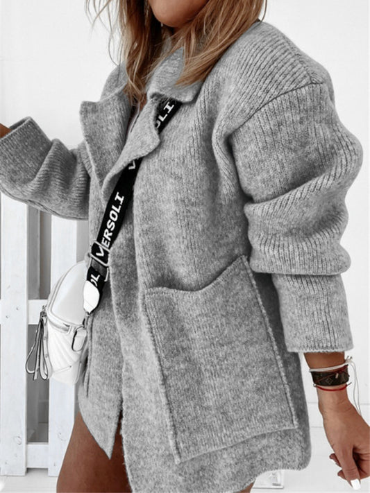 Cardigans- Winter Oversized Layering | Knitted Notch Lapel Open Front Cardigan- Grey- Pekosa Women Clothing