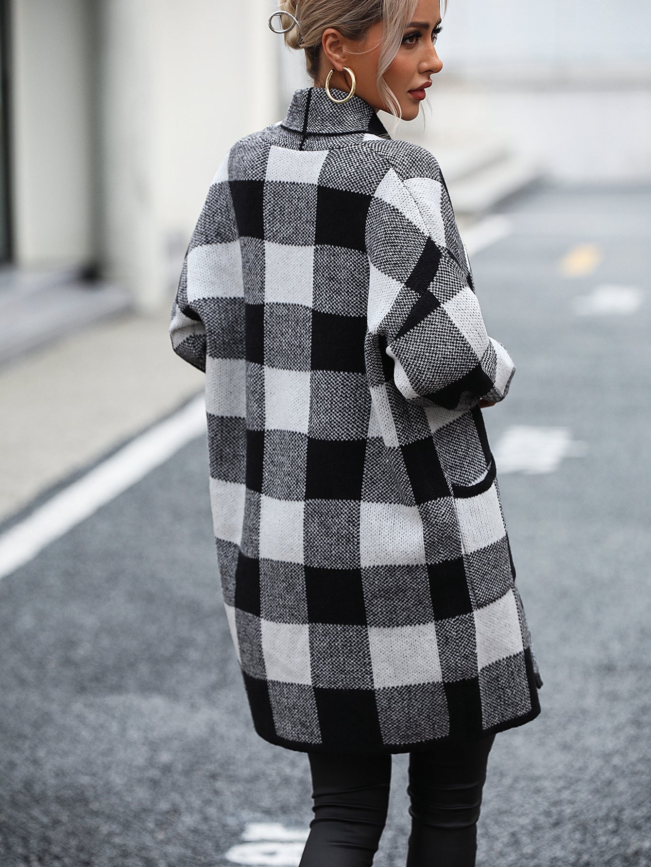 Cardigans- Women's Knit Plaid Pockets Long Cardigan - Shawl Collar Sweater Coat- - Pekosa Women Clothing