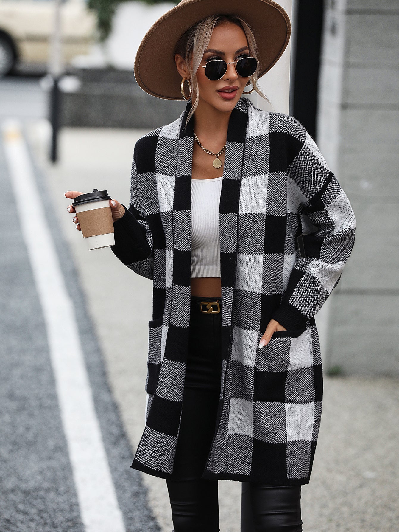 Cardigans- Women's Knit Plaid Pockets Long Cardigan - Shawl Collar Sweater Coat- - Pekosa Women Clothing