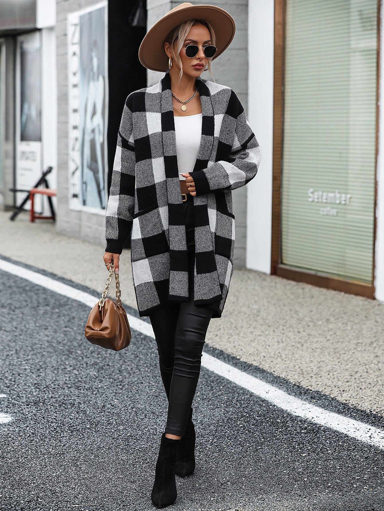 Cardigans- Women's Knit Plaid Pockets Long Cardigan - Shawl Collar Sweater Coat- - Pekosa Women Clothing