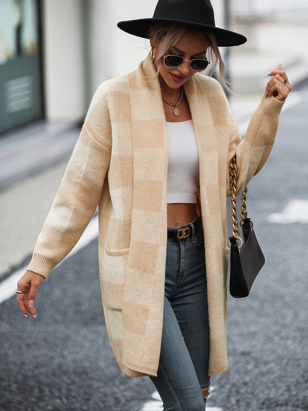 Cardigans- Women's Knit Plaid Pockets Long Cardigan - Shawl Collar Sweater Coat- Beige- Pekosa Women Clothing