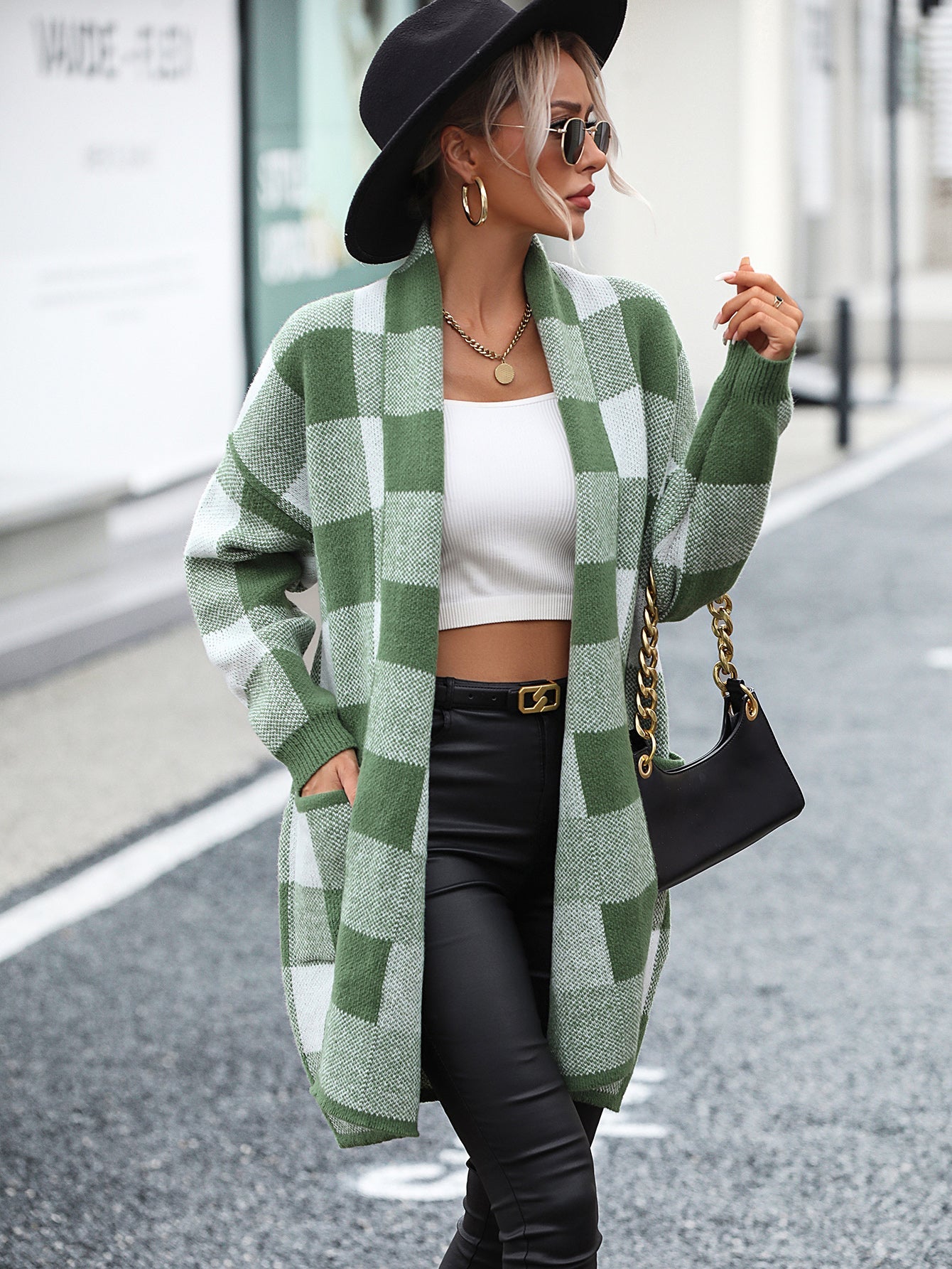 Cardigans- Women's Knit Plaid Pockets Long Cardigan - Shawl Collar Sweater Coat- - Pekosa Women Clothing