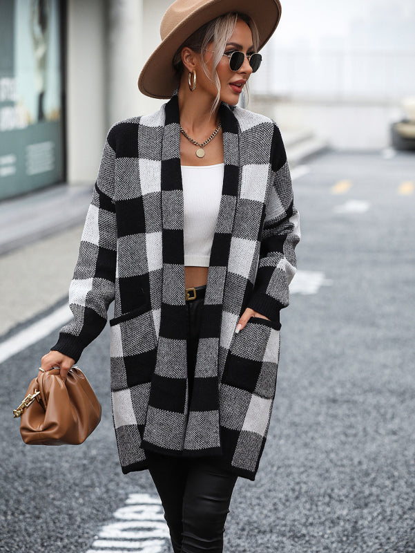 Cardigans- Women's Knit Plaid Pockets Long Cardigan - Shawl Collar Sweater Coat- Black- Pekosa Women Clothing