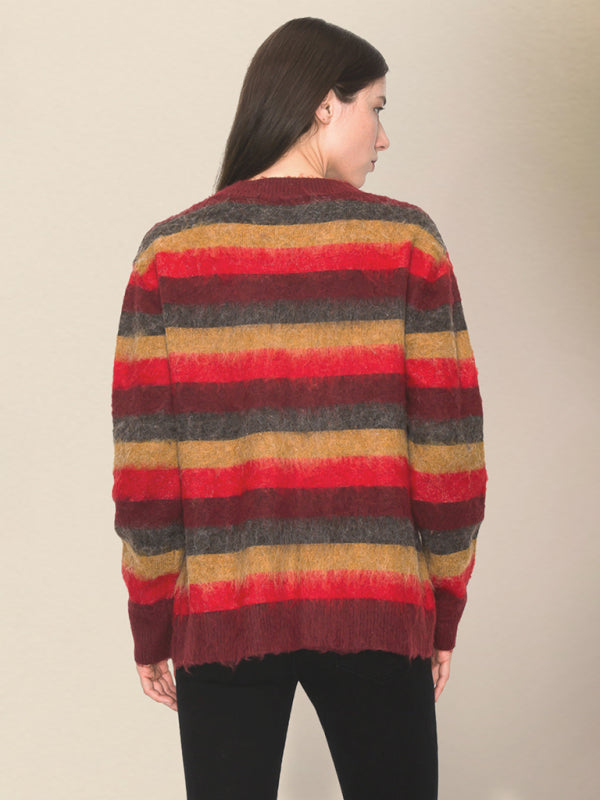 Cardigans- Wool Blend Stripe Knit Grandpa Cardigan- - Pekosa Women Clothing