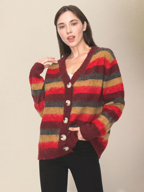 Cardigans- Wool Blend Stripe Knit Grandpa Cardigan- - Pekosa Women Clothing