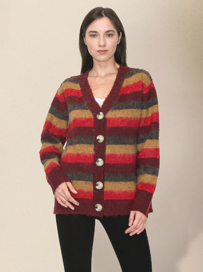 Cardigans- Wool Blend Stripe Knit Grandpa Cardigan- - Pekosa Women Clothing