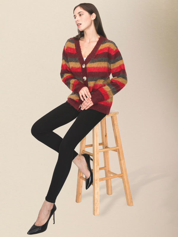 Cardigans- Wool Blend Stripe Knit Grandpa Cardigan- - Pekosa Women Clothing