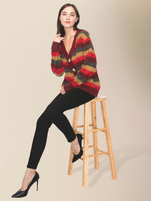 Cardigans- Wool Blend Stripe Knit Grandpa Cardigan- - Pekosa Women Clothing