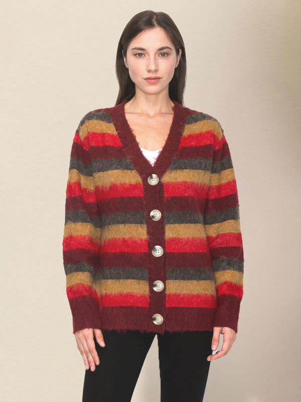 Cardigans- Wool Blend Stripe Knit Grandpa Cardigan- Brown- Pekosa Women Clothing