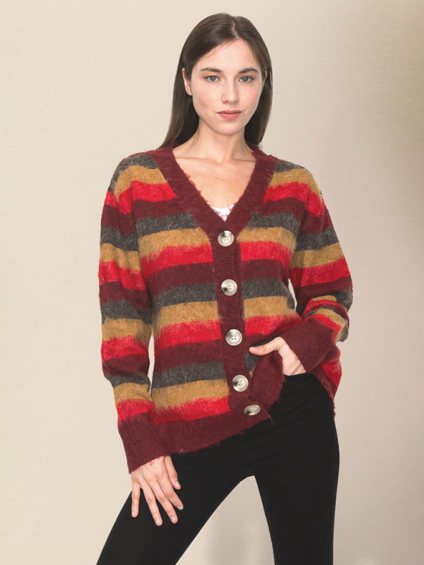 Cardigans- Wool Blend Stripe Knit Grandpa Cardigan- - Pekosa Women Clothing