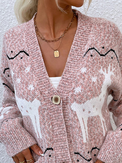 Cardigans- Xmas Knitted Buttoned Christmas Elk Cardigan Mid Sweater- - Pekosa Women Clothing