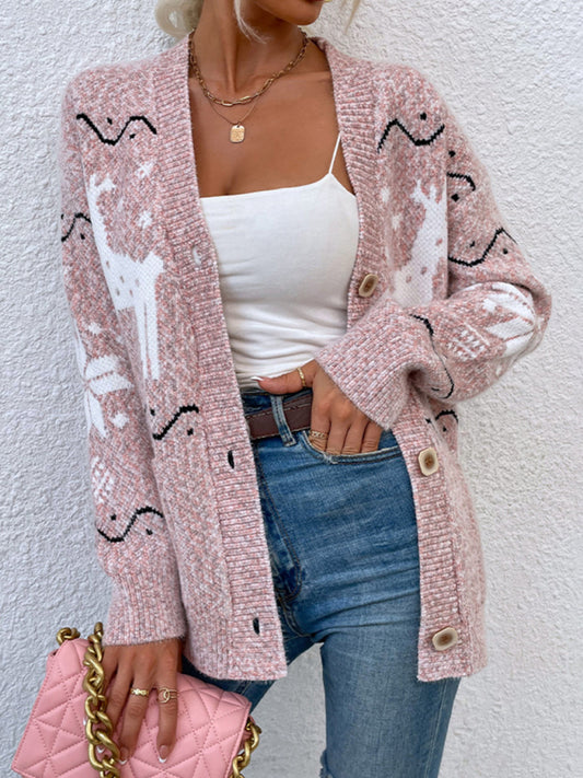 Cardigans- Xmas Knitted Buttoned Christmas Elk Cardigan Mid Sweater- Pink- Pekosa Women Clothing