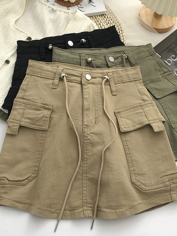 Cargo Skirts- Trendy Y2K Denim Cargo Pocket Mini Skirt- Khaki- Pekosa Women Clothing