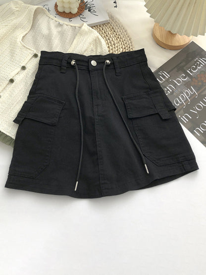 Cargo Skirts- Trendy Y2K Denim Cargo Pocket Mini Skirt- Black- Pekosa Women Clothing