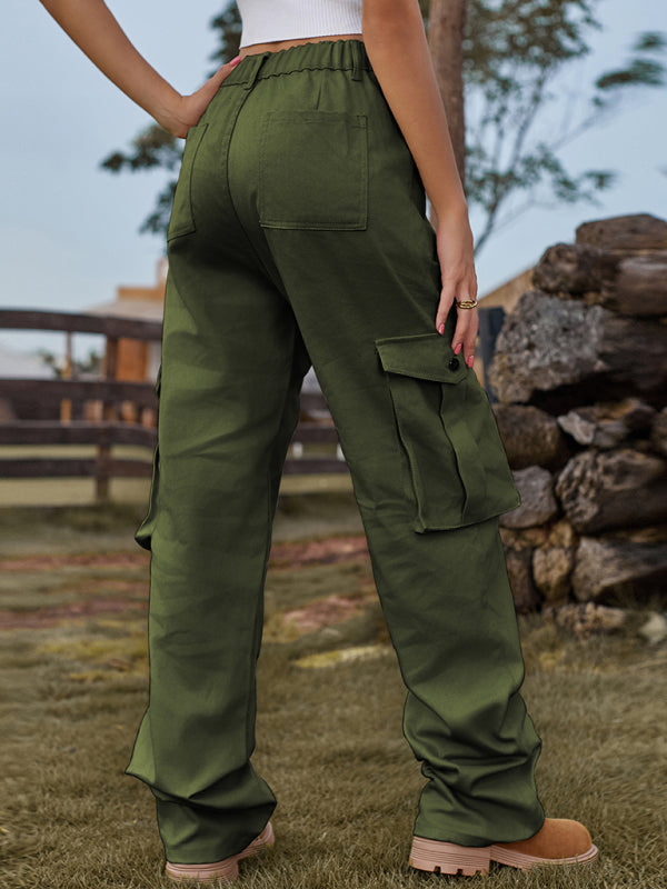 Cargo Trousers- Solid Denim Elastic High-Rise Cargo Trousers - Pants- - Pekosa Women Clothing