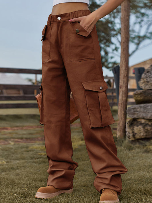 Cargo Trousers- Solid Denim Elastic High-Rise Cargo Trousers - Pants- Brown Rust- Pekosa Women Clothing