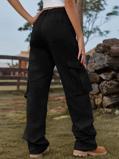 Cargo Trousers- Solid Denim Elastic High-Rise Cargo Trousers - Pants- - Pekosa Women Clothing