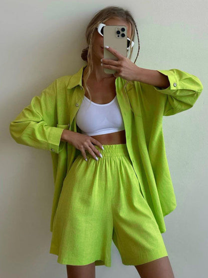 Casual Cotton Set Top + Shorts- Style and Comfort: Women's Casual Cotton Set Loose Shorts & Shirt- Green- Pekosa Women Clothing