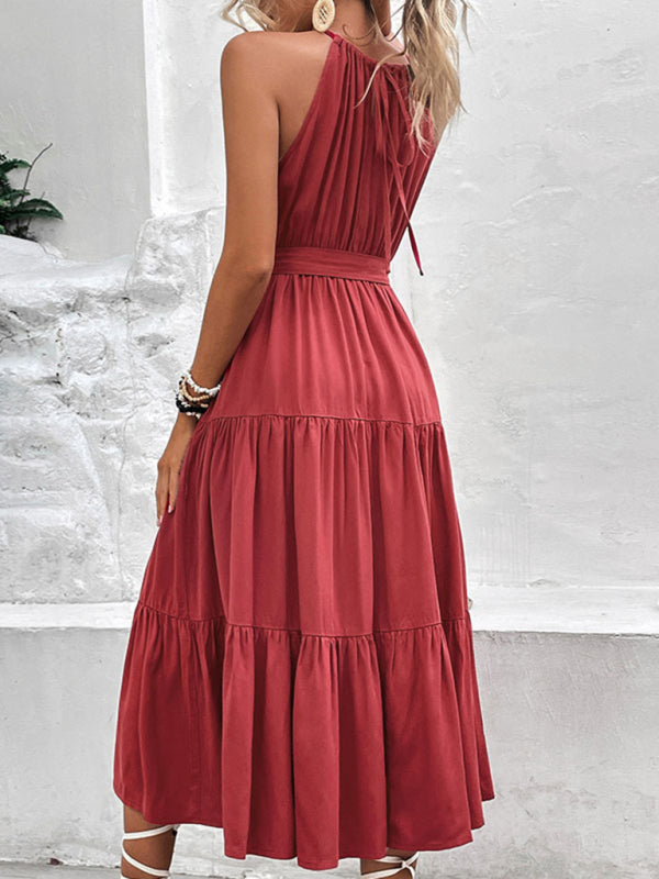 Casual Dresses- A-Line Solid Sleeveless Maxi Dress with Tiered Design & Tie-Belt- - Pekosa Women Clothing