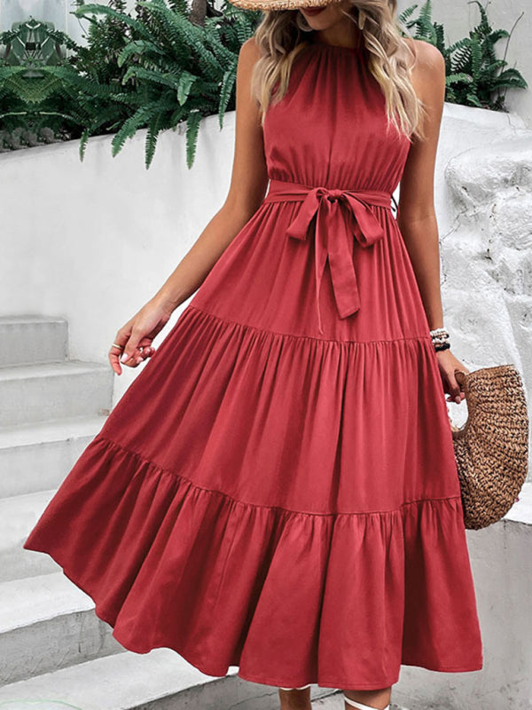 Casual Dresses- A-Line Solid Sleeveless Maxi Dress with Tiered Design & Tie-Belt- - Pekosa Women Clothing