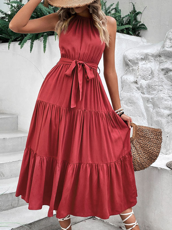 Casual Dresses- A-Line Solid Sleeveless Maxi Dress with Tiered Design & Tie-Belt- - Pekosa Women Clothing