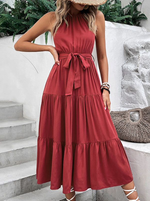 Casual Dresses- A-Line Solid Sleeveless Maxi Dress with Tiered Design & Tie-Belt- Wine Red- Pekosa Women Clothing