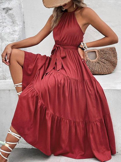 Casual Dresses- A-Line Solid Sleeveless Maxi Dress with Tiered Design & Tie-Belt- - Pekosa Women Clothing