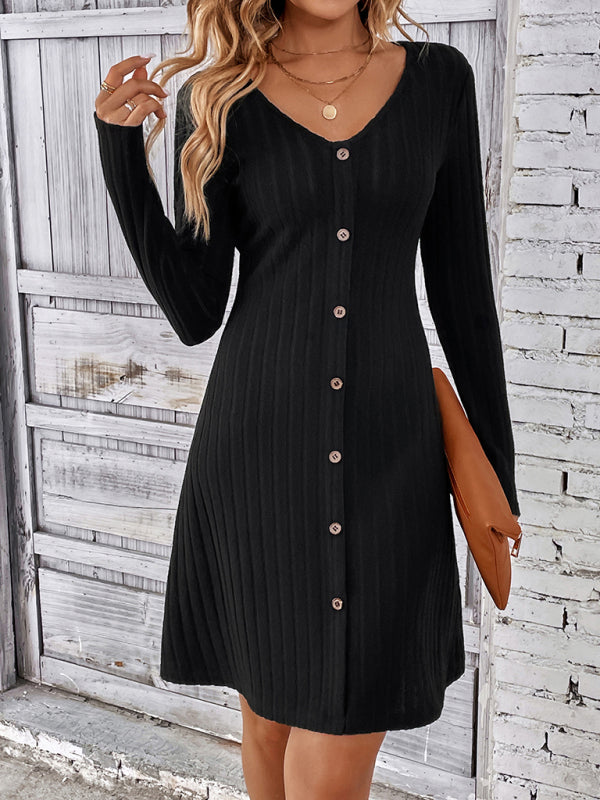 Casual Dresses- Autumn Ribbed Knit Button-Up Mini Dress- - Pekosa Women Clothing