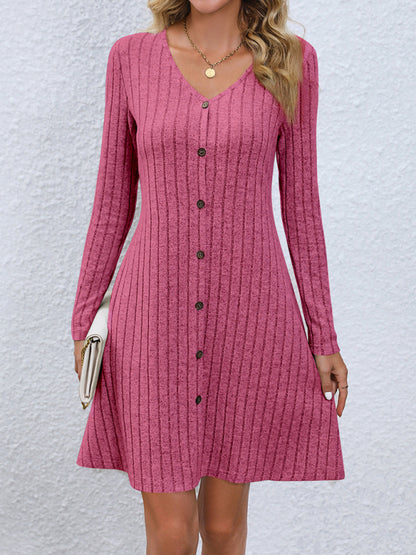 Casual Dresses- Autumn Ribbed Knit Button-Up Mini Dress- Rose- Pekosa Women Clothing