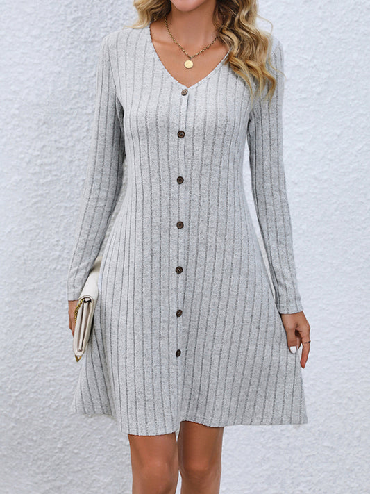 Casual Dresses- Autumn Ribbed Knit Button-Up Mini Dress- Grey- Pekosa Women Clothing