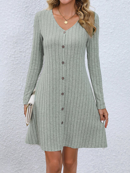 Casual Dresses- Autumn Ribbed Knit Button-Up Mini Dress- Green- Pekosa Women Clothing