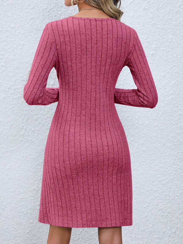 Casual Dresses- Autumn Ribbed Knit Button-Up Mini Dress- - Pekosa Women Clothing