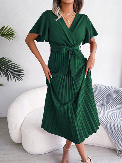 Casual Dresses- Belted Surplice V-Neck Midi Dress in Solid Color- - Pekosa Women Clothing