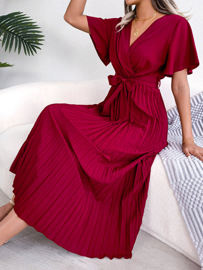 Casual Dresses- Belted Surplice V-Neck Midi Dress in Solid Color- - Pekosa Women Clothing