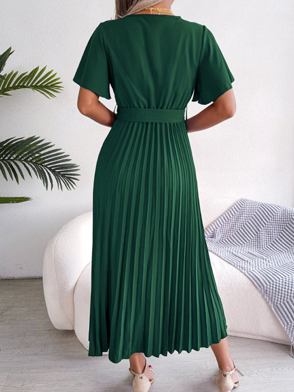 Casual Dresses- Belted Surplice V-Neck Midi Dress in Solid Color- - Pekosa Women Clothing