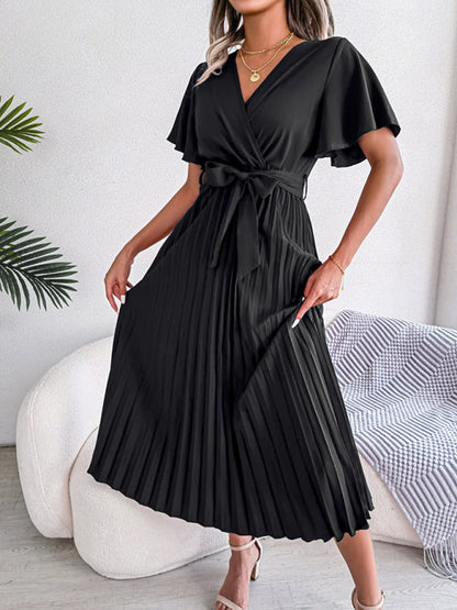 Casual Dresses- Belted Surplice V-Neck Midi Dress in Solid Color- Black- Pekosa Women Clothing