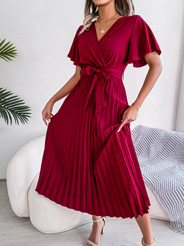 Casual Dresses- Belted Surplice V-Neck Midi Dress in Solid Color- Red- Pekosa Women Clothing