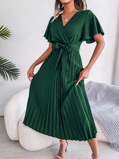 Casual Dresses- Belted Surplice V-Neck Midi Dress in Solid Color- Green- Pekosa Women Clothing