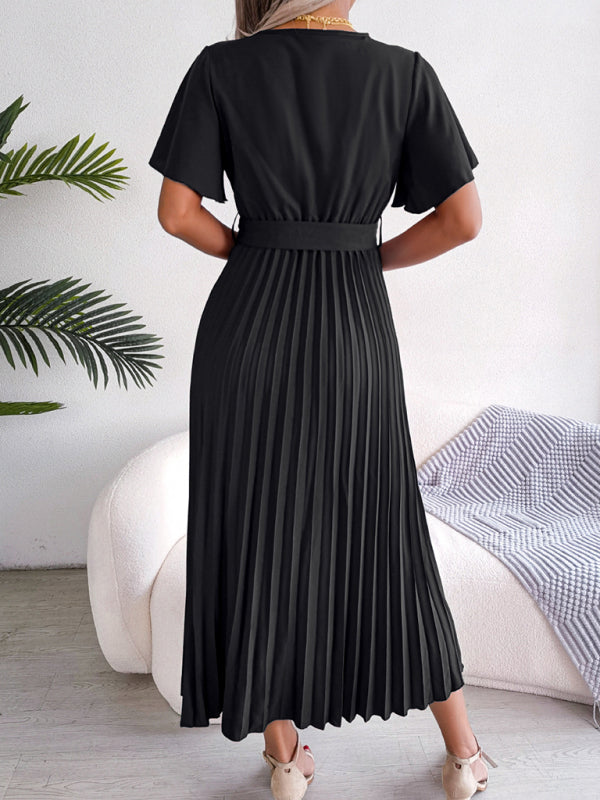 Casual Dresses- Belted Surplice V-Neck Midi Dress in Solid Color- - Pekosa Women Clothing