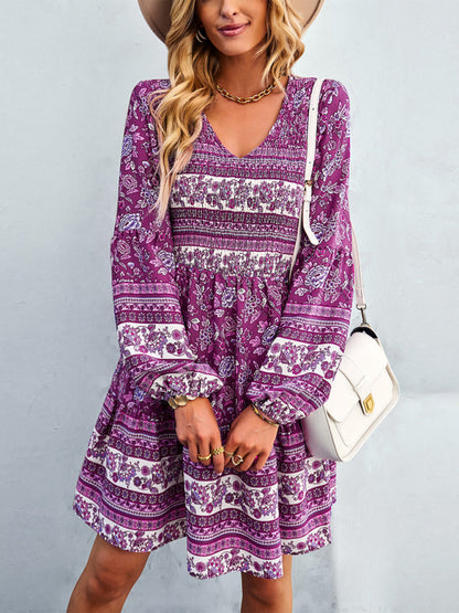 Casual Dresses- Bohemian Smocked Bodice Long Sleeve Dress for Fall Casuals- Purple- Pekosa Women Clothing