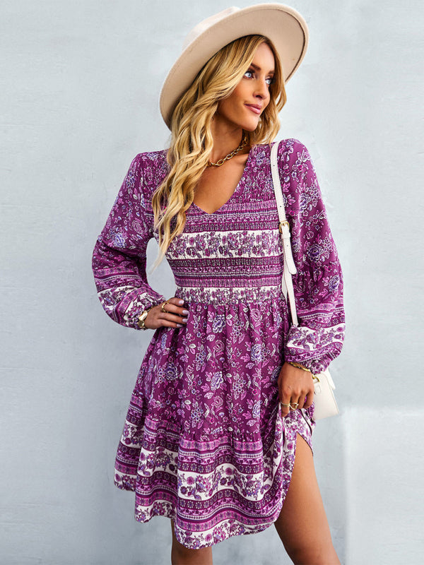 Casual Dresses- Bohemian Smocked Bodice Long Sleeve Dress for Fall Casuals- - Pekosa Women Clothing