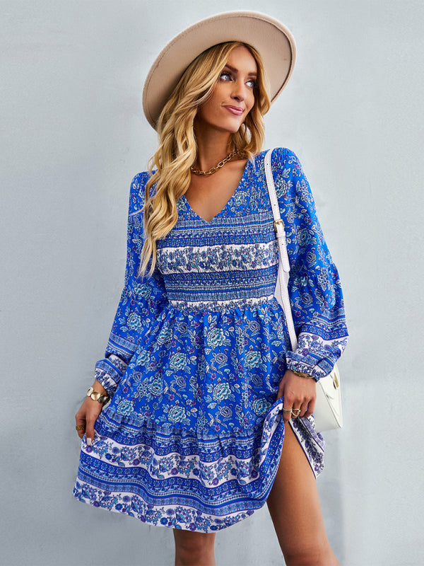 Casual Dresses- Bohemian Smocked Bodice Long Sleeve Dress for Fall Casuals- Blue- Pekosa Women Clothing